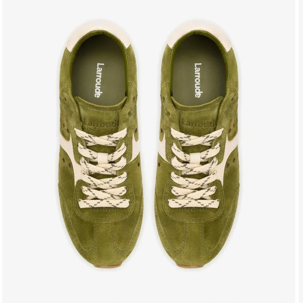 Larroude Stella Suede Sneakers in Seaweed Suede and Ivory Leather - Picture 5 of 11